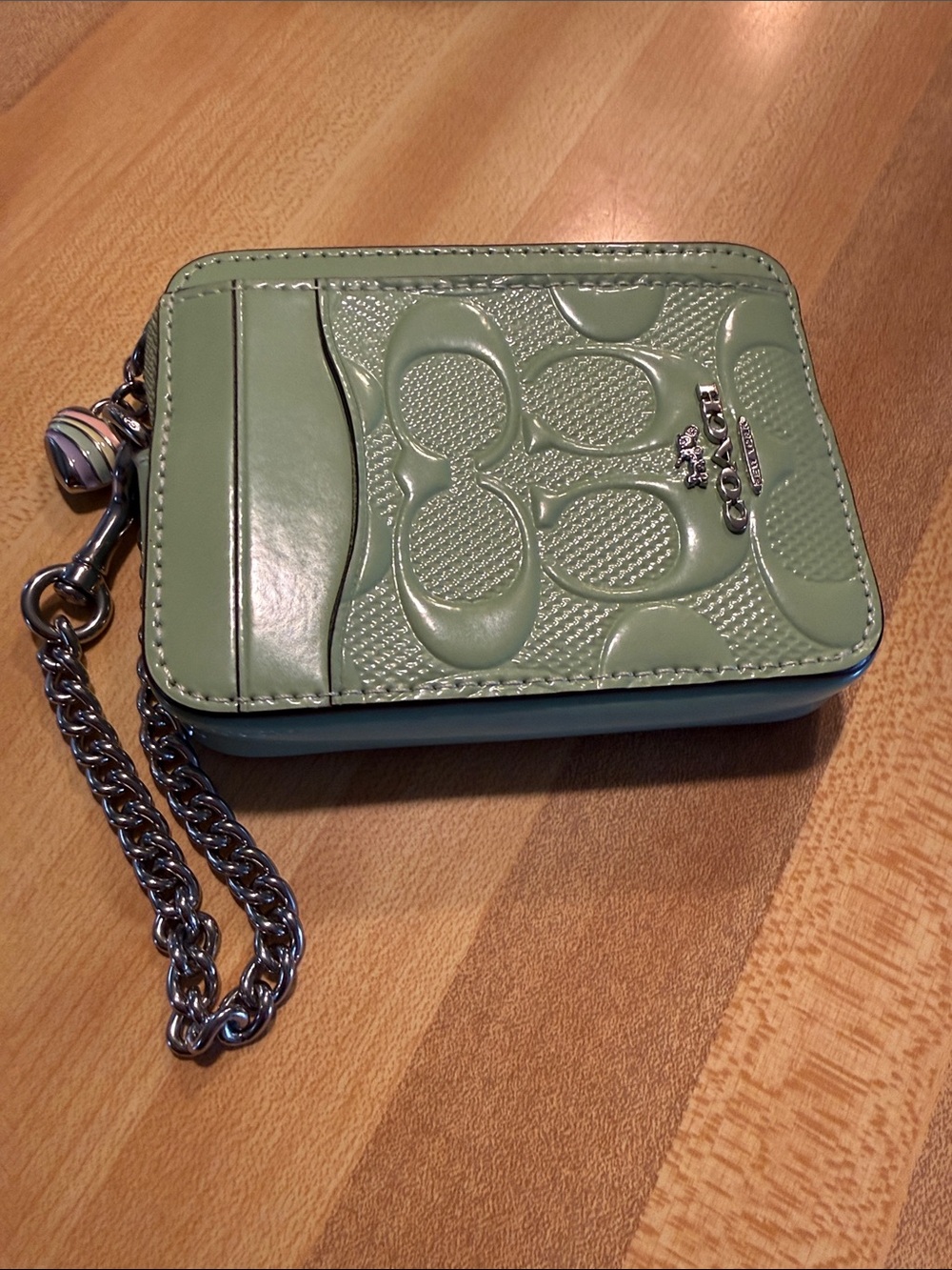 Coach Sage Green Patent Leather Wristlet Card Case with Chain